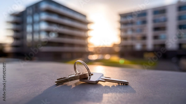 Fototapeta Keys placed on a surface with blurred modern apartment buildings in the background, captured during sunset. The image symbolizes concepts of real estate, home ownership, or rental property