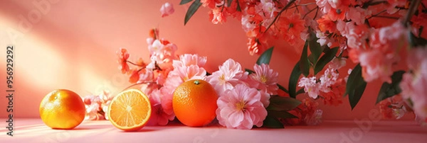 Obraz Oriental red and orange background with flowers and oranges composition on the table product scene photography