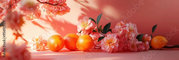 Obraz Oriental red and orange background with flowers and oranges composition on the table product scene photography