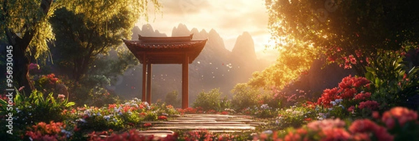 Obraz Oriental dreamy background, blurred flowers arrangement, moody warm light composition oriental product scene 