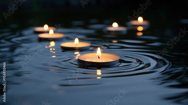 Fototapeta Floating candles on water during a memorial service, peaceful and symbolic tribute