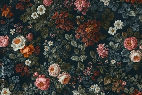 Fototapeta Seamless floral pattern dark blue background made up Vintage dar