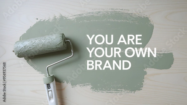 Obraz Paint roller with green paint on a wooden surface with the motivational text "You Are Your Own Brand." The image symbolizes personal branding, creativity, and self-expression