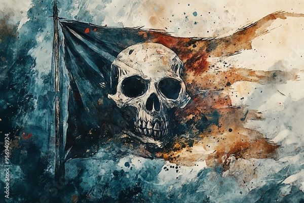 Fototapeta A dramatic watercolor painting of a skull on a tattered flag, blending dark tones with vivid splashes of color, evoking a sense of adventure.