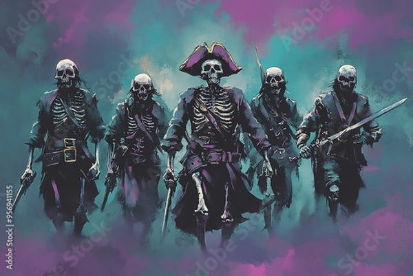 Obraz A group of skeleton pirates stands boldly against a mystical backdrop, showcasing a captivating blend of adventure and the supernatural.