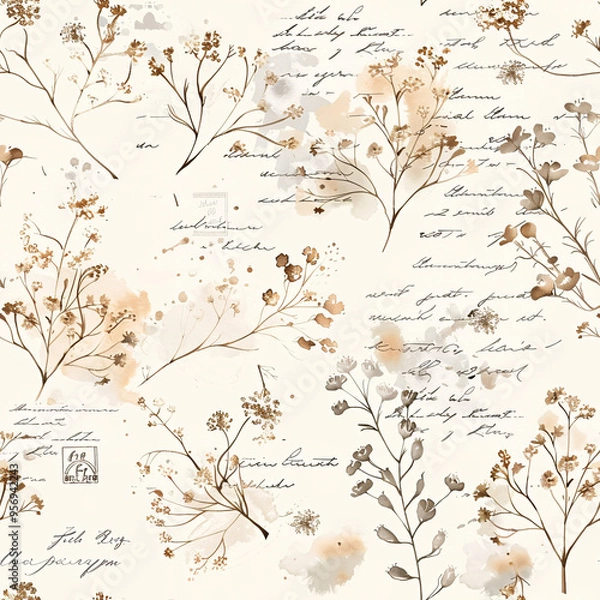 Obraz Watercolor Botanical Pattern with Handwritten Script