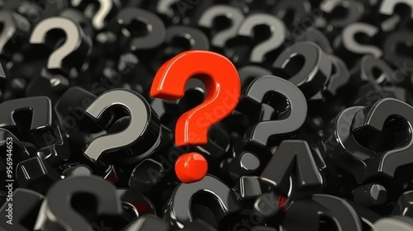 Fototapeta A striking image of a red question mark standing out amidst numerous black question marks, symbolizing uncertainty and curiosity.