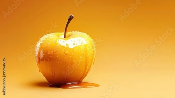 Fototapeta A close-up of a shiny yellow apple dripping with honey on a vibrant orange background, evoking freshness and sweetness.