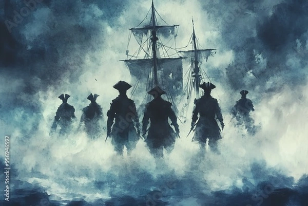Obraz Mysterious pirate silhouettes emerge from fog, with a ghostly ship looming in the background. A scene of adventure and intrigue.
