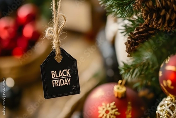 Fototapeta black friday banner in price tag hanging in crismas tree