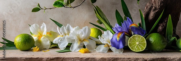 Obraz  Iris Flowers and Limes on white table background, Floral arrangement and Citrus accents  Product photography scene, fresh and warm light background
