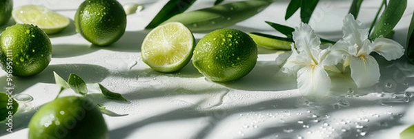 Obraz  Iris Flowers and Limes on white table background, Floral arrangement and Citrus accents  Product photography scene, fresh and warm light background