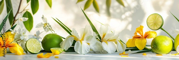 Obraz  Iris Flowers and Limes on white table background, Floral arrangement and Citrus accents  Product photography scene, fresh and warm light background