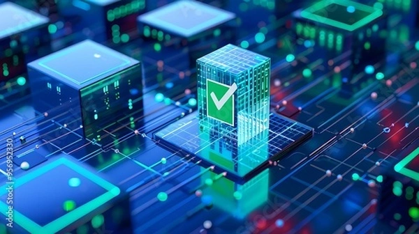 Fototapeta Digital network with futuristic blockchain and green checkmark, representing data security and technology validation.