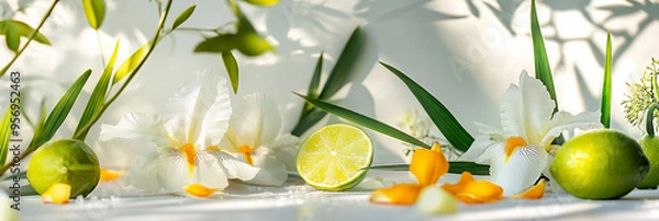 Obraz  Iris Flowers and Limes on white table background, Floral arrangement and Citrus accents  Product photography scene, fresh and warm light background