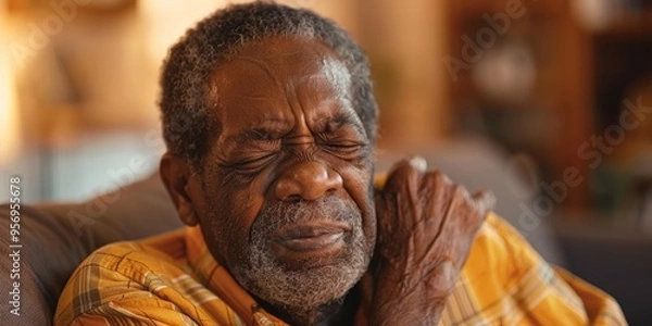 Fototapeta Elderly man experiencing pain in hands and shoulders at home due to arthritis, osteoporosis, and fatigue; close-up on joint and muscle discomfort, highlighting healthcare concerns