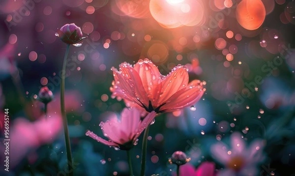 Fototapeta Delicate pink flowers covered in water droplets stand out against a dreamy background filled with bokeh lights, capturing the essence of nature's beauty and tranquility