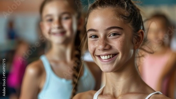 Fototapeta Portrait of a joyful dance instructor and a student enjoying a break in a studio after a lesson, showcasing a connection between the professional ballerina and the aspiring dancer