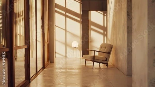 Fototapeta Sunlight pours into a serene hallway with modern furnishings, casting soothing shadows and creating a calm, inviting atmosphere.