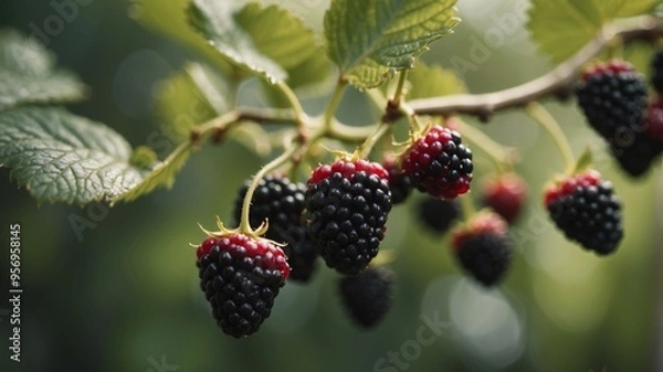 Fototapeta Freshly Picked Blackberries on Branch Surrounded by Green Leaves in Natural Light.