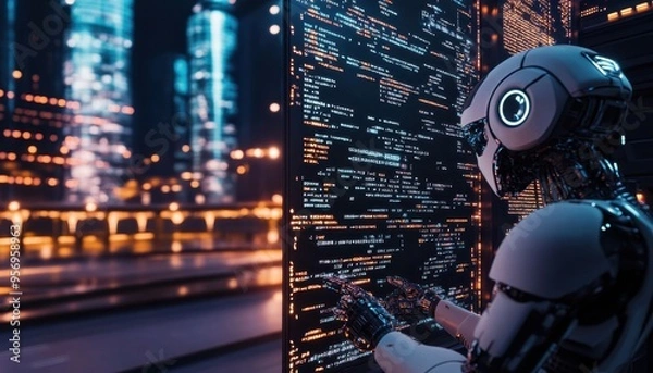 Obraz Technological Marvels: AI Robot Writing Code Against Futuristic City Backdrop