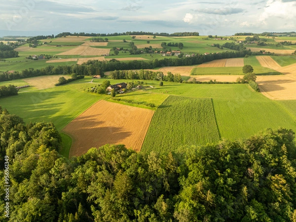 Obraz Aerial view of rural landscape with farmland in Switzerland. Pattern of fields.