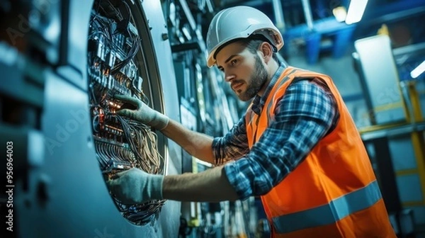 Fototapeta Skilled Wind Turbine Engineer in Safety Vest Installing Electrical Wiring Inside Turbine for Sustainable Energy Production