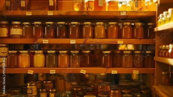 Fototapeta Shelves brimming with jars of golden honey, each uniquely labeled, under warm lighting, highlight the meticulous care in their production.
