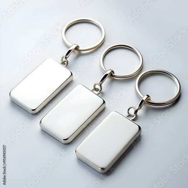 Obraz Three blank silver keychains with rectangular tags. perfect for adding your logo. design. or text.