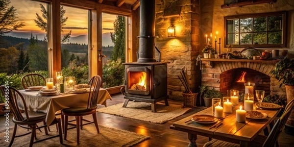 Fototapeta intimate evening escape crackling wood stove warm candlelight golden hour