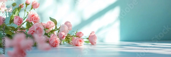 Obraz Pink roses on blue background, product scene composition, floral arrangement on table, warm light,
