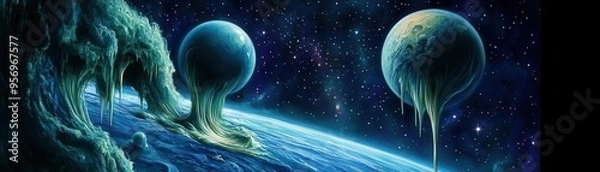 Fototapeta A stunning cosmic landscape featuring eerie planets and vibrant colors, inviting viewers to explore the mysteries of the universe.