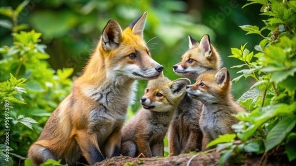Obraz A playful fox mother gently nuzzles her curious kits, surrounded by lush greenery, as they explore and snuggle in their woodland home together.