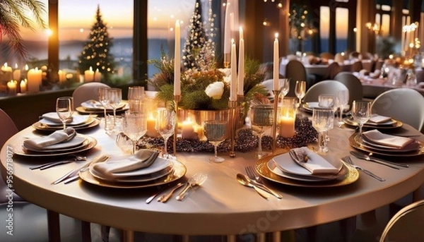 Obraz Holiday Table Settings
Elegant Dinner Tables: Beautifully set tables with candles, fine china, and festive centerpieces.