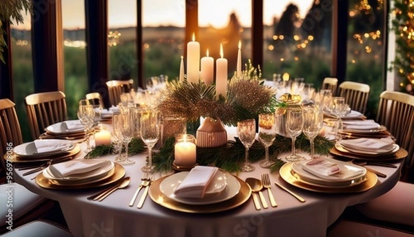 Fototapeta Holiday Table Settings
Elegant Dinner Tables: Beautifully set tables with candles, fine china, and festive centerpieces.