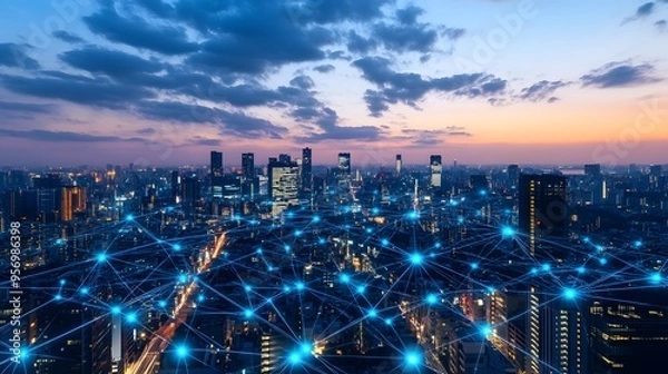 Fototapeta Digital cityscape with interconnected networks and digital elements, representing the integration of smart urban technology in an evening setting