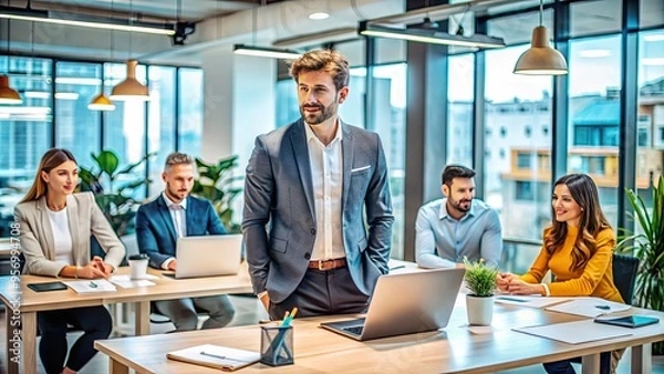 Fototapeta Confident entrepreneur stands at a modern office desk, surrounded by laptops and notes, pitching innovative ideas to a diverse group of investors and colleagues.