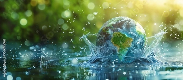 Obraz Captivating image depicting the Earth as a planet made of water splash and reflection on a blue background with a green forest in the blurred backdrop representing the World Environment Day concept