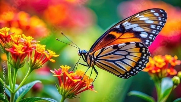 Fototapeta Delicate butterfly sips sweet nectar from Macro flowers using its unusually long proboscis, showcasing intricate details and vibrant colors.