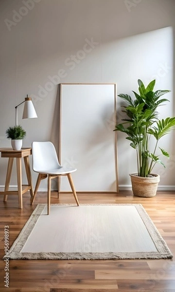Fototapeta A light. airy living room with a white chair. lamp. and plant in a woven basket against a backdrop of a blank canvas frame.