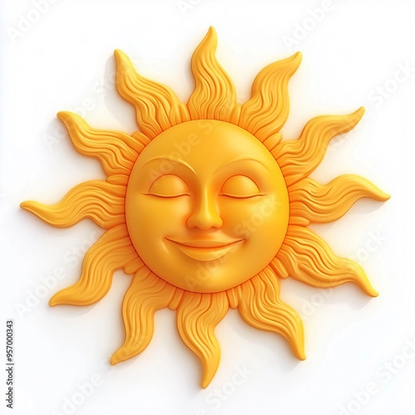 Fototapeta Yellow 3d sun on white background. Sunny symbol with female face and curved rays. Realistic plastic style, decorative element of hot warming season