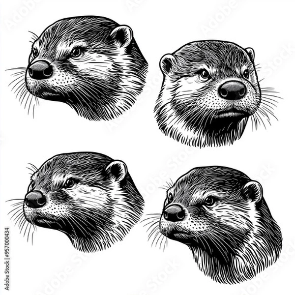 Fototapeta Engraving style otters. Isolated otters head sketch drawing. Wild animal, nature forest characters. Cute otters for design labels prints