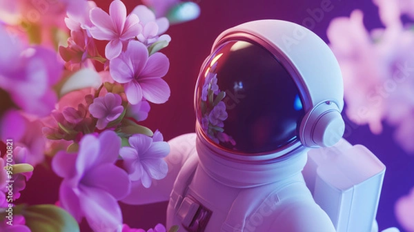 Fototapeta Astronaut in white spacesuit with flowers, 3d style. Universe travel surreal landscape with cosmonaut. Vibrant illustration of exploration in outer space