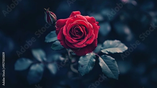 Fototapeta A thorny red rose against a dark, shadowy background, the petals standing out in vibrant contrast.