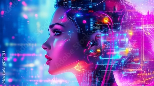 Fototapeta A cyberpunk-style image of a woman, featuring neon lights and a futuristic cityscape