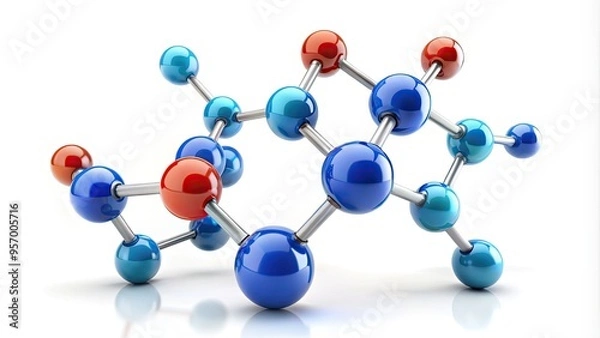 Fototapeta Stylized isolated illustration of a molecule structure comprising atoms and bonds, presented in a simple flat design on a clean white background.