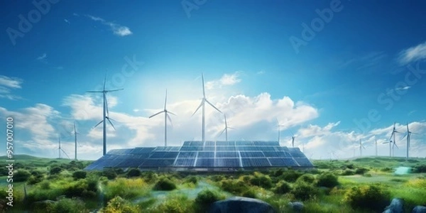 Obraz solar farm with wind turbines in the background