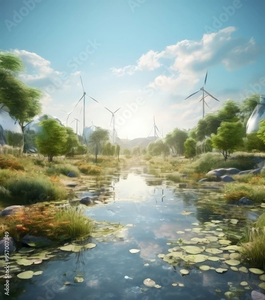 Obraz pond with water lilies and wind turbines