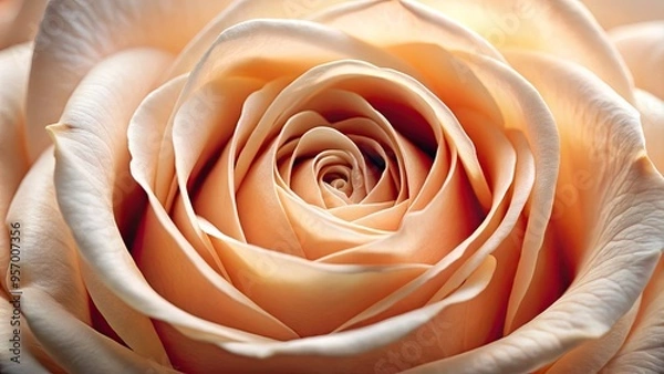 Fototapeta Delicate, intricate details of a velvety soft peach-colored rose petal are magnified, showcasing tender texture and subtle ridges in a shallow depth of field.