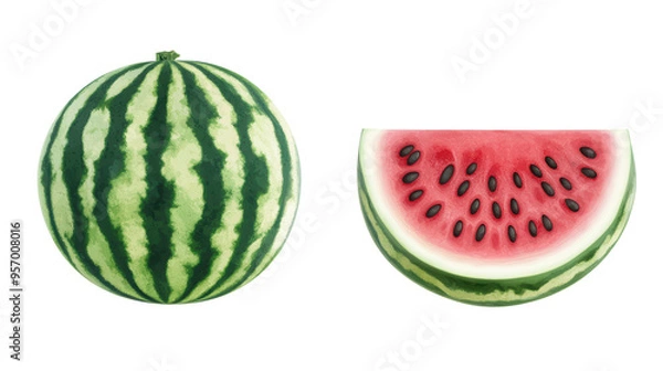 Obraz Fresh watermelon with vibrant green stripes and juicy red interior, perfect for summer enjoyment. 